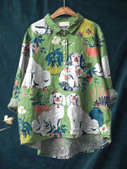 Vintage Lovely Dogs Art Print Casual Cotton And Linen Shirt