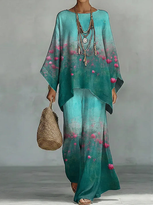 Women's Vintage Floral Art Comfortable Loose Cotton Linen Wide-leg Pants Two-piece Set