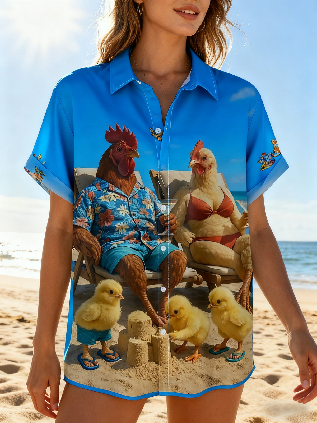 Women's Moisture-wicking    Funny Beach Chicken Chest Pocket Hawaiian Shirt