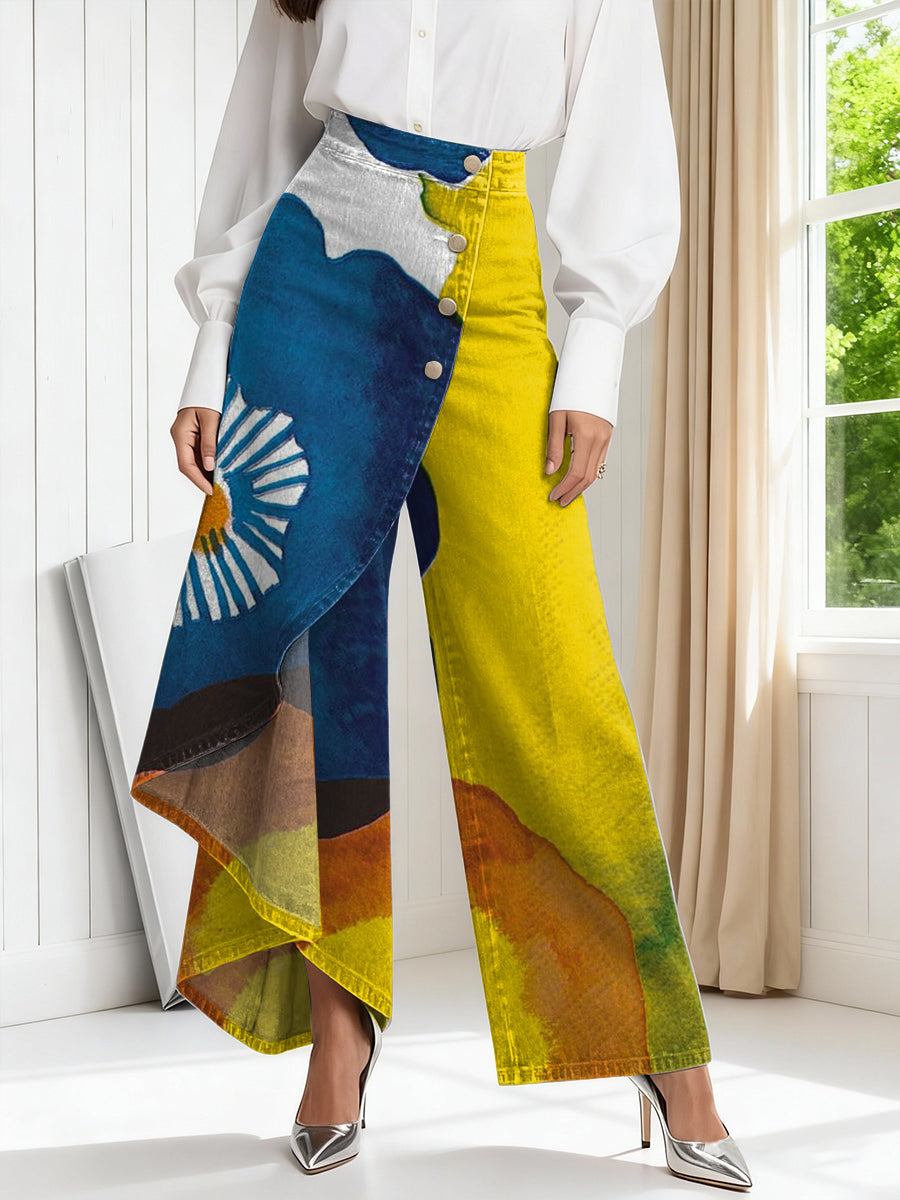 Women's Vintage Flower Patterns Print High-waisted Relaxed Fit Wide-leg Jeans With A Stylish Design