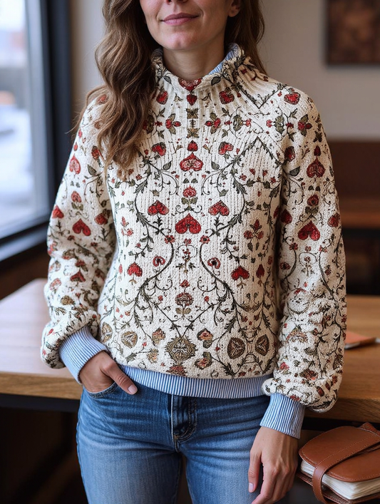 Valentine's Day Love Floral Art Print Knit Turtleneck Pullover Sweater
