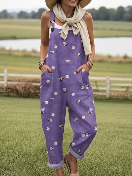 Women's  Bee Art Print Casual Cotton Wide Leg Jumpsuit