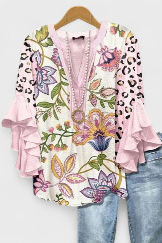 Women's V-Neck 3/4 Sleeve Pink Floral Casual Shirt