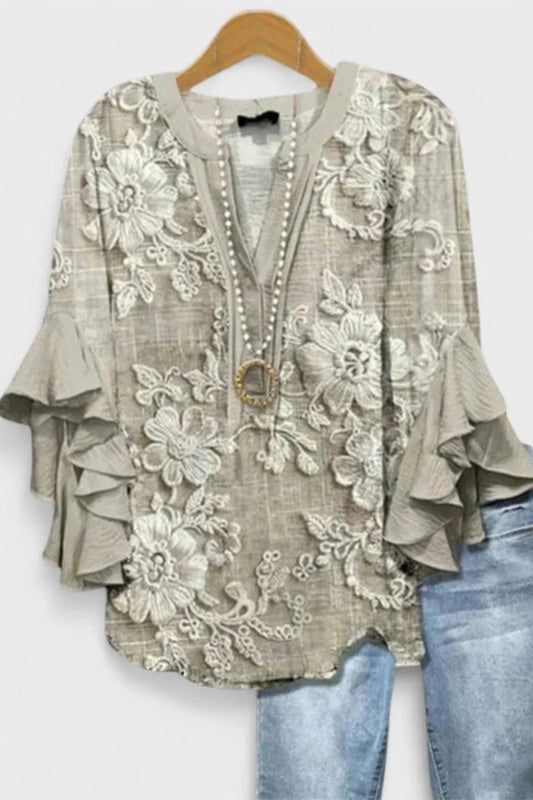 Women's V-Neck 3/4 Sleeve Gray Floral Casual Blouse