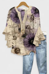 Women's V-Neck 3/4 Sleeve Purple Floral Casual Blouse