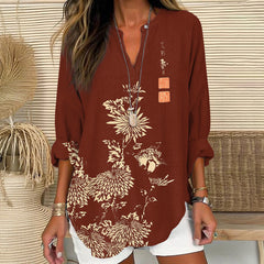 Vintage Chrysanthemum Printed V Neck Long Sleeve Blouse