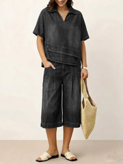 Women's V-neck Short-sleeved Casual Loose Denim Top And High-waisted Wide-leg Jeans Set