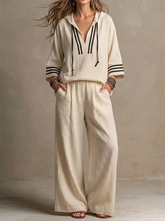 Women's Casual Relaxed Hoodie And Wide-leg Pants Cotton-linen Set