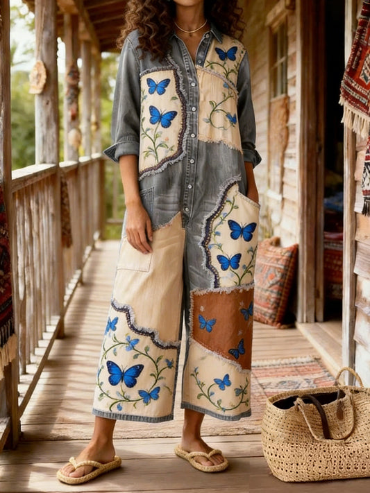 Women's Vintage Bohemian Art Print Casual Washed Cotton linen Denim Jumpsuit