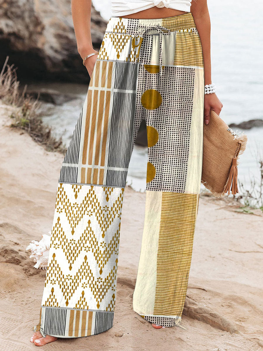 Women's Abstract Geometric Art Printed Cotton And Linen Casual Pants