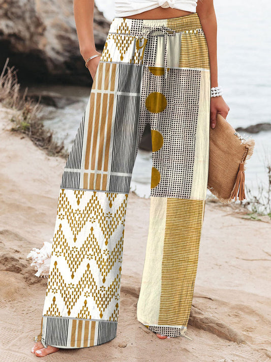 Women's Abstract Geometric Art Printed Cotton And Linen Casual Pants
