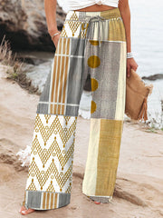 Women's Abstract Geometric Art Printed Cotton And Linen Casual Pants