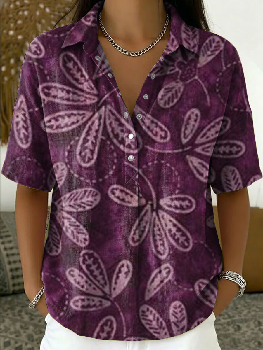 Women's Vintage Botanical Floral Casual Polo Collar Short-sleeved Linen And Cotton Shirt