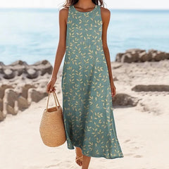 Women's Vintage Leaf Art Print Sleeveless Cotton Linen Comfy Tank Dress