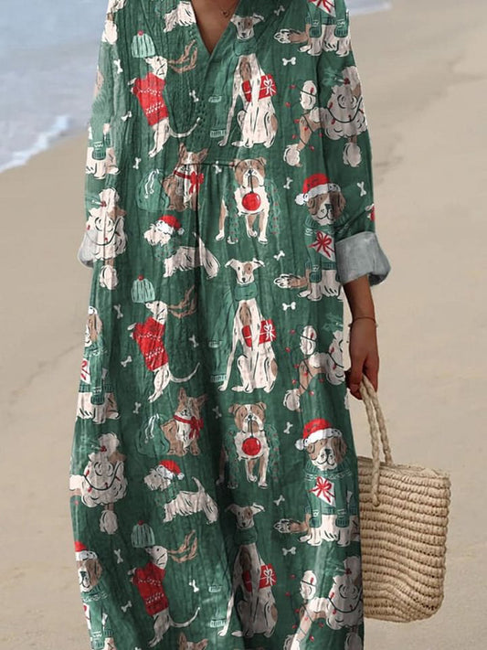 Puppy Dog Christmas Celebration Pattern Printed Women's Dress