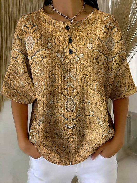 Women's Vintage Flower Pattern Printed Casual Cotton Waffle Knit Sweatshirt