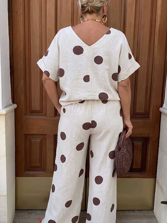 Women's Polka Dot Print Casual Cotton-linen Two-piece Set
