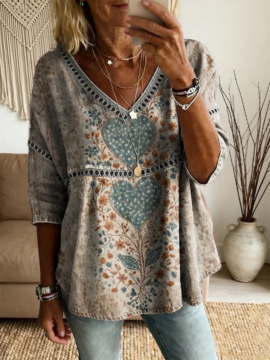 Ethnicity Bohemia Love Flowers Women's Vintage Art Print Casual V Neck Cutout Top