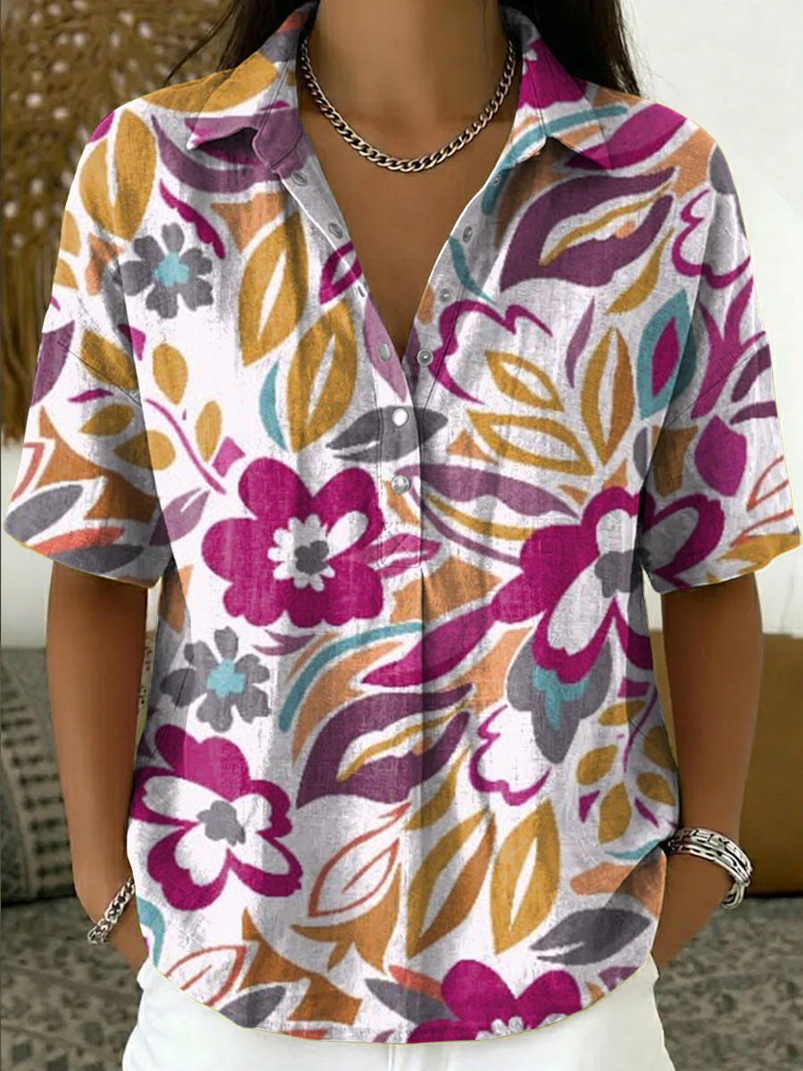 Women's Vintage Botanical Floral Casual Polo Collar Short-sleeved Linen And Cotton Shirt