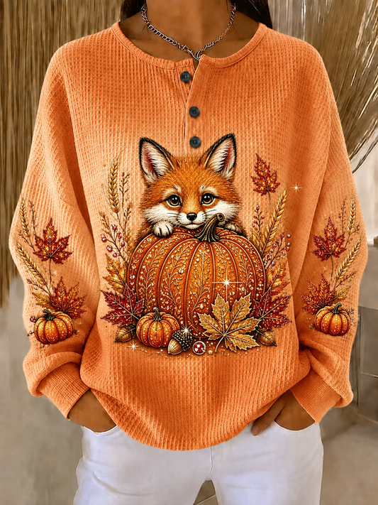 Casual Animal Henley Collar Long Sleeve Sweatshirt