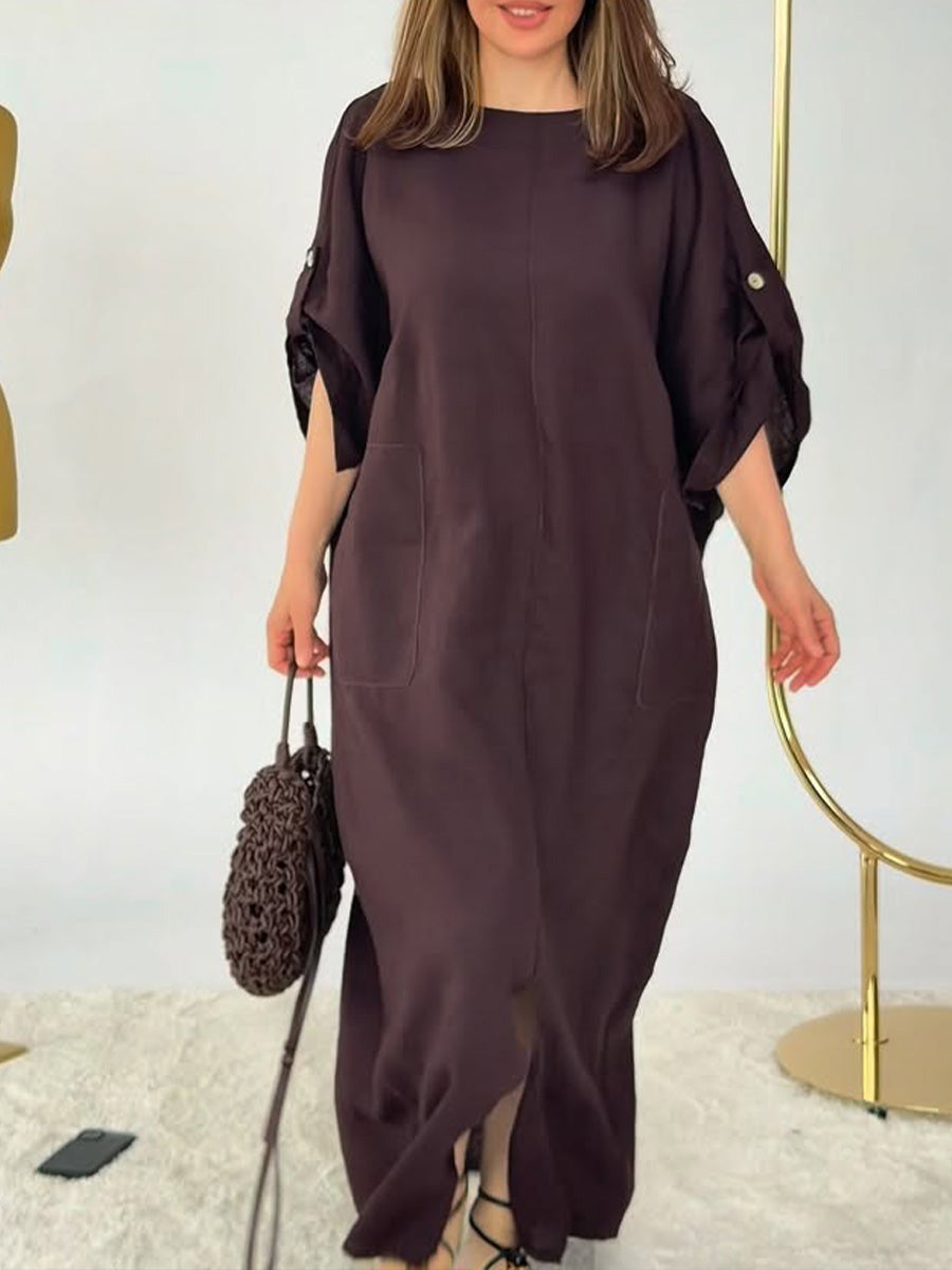 Women's Solid-Color Round-Neck 3/4-Sleeve Casual Loose Cotton-Linen Dress