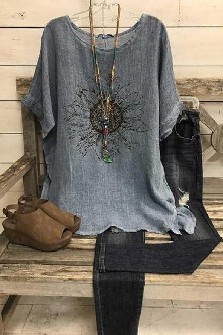 Floral Print Round Neck Short Sleeves Blouse