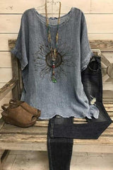 Floral Print Round Neck Short Sleeves Blouse