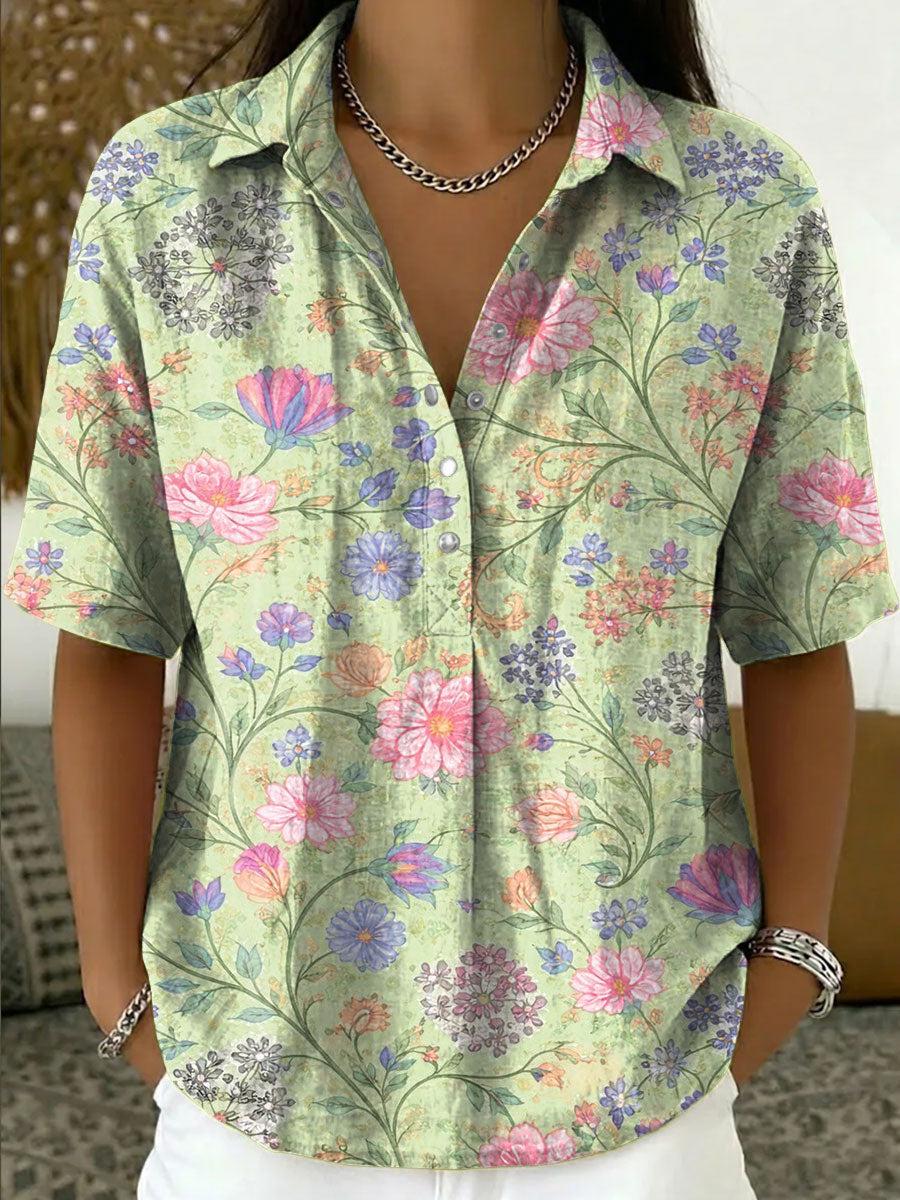 Women's Vintage Botanical Floral Casual Polo Collar Short-sleeved Linen And Cotton Shirt
