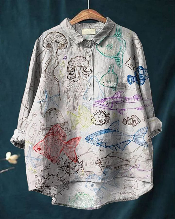 Retro Cartoon Marine Animal Print Cotton and Linen Shirt