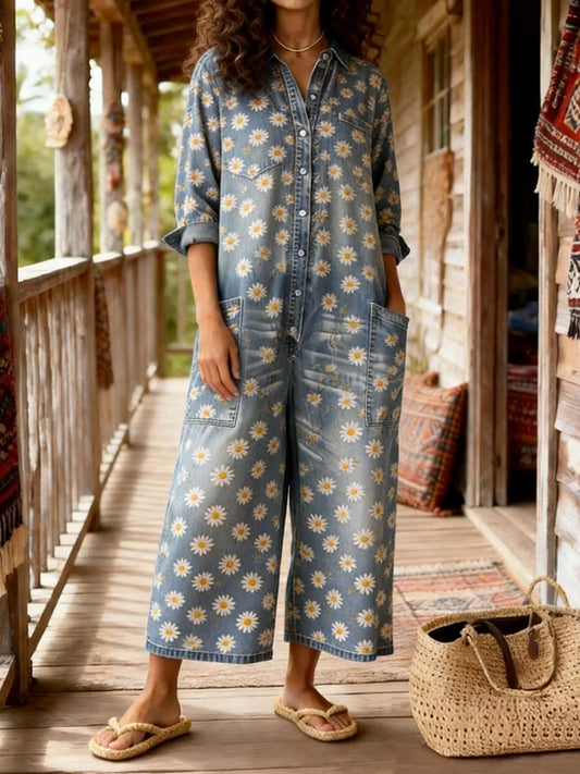 Women's Vintage Bohemian Art Print Casual Washed Cotton linen Denim Jumpsuit