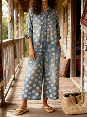 Women's Vintage Bohemian Art Print Casual Washed Cotton linen Denim Jumpsuit