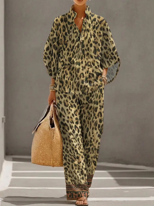 Women's Retro Leopard Art Print Casual 3/4 Sleeve Top And Pants Cotton Linen Suits