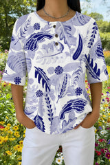 Womens Blue White Leaf Floral Print Casual Waffle Cotton Shirt