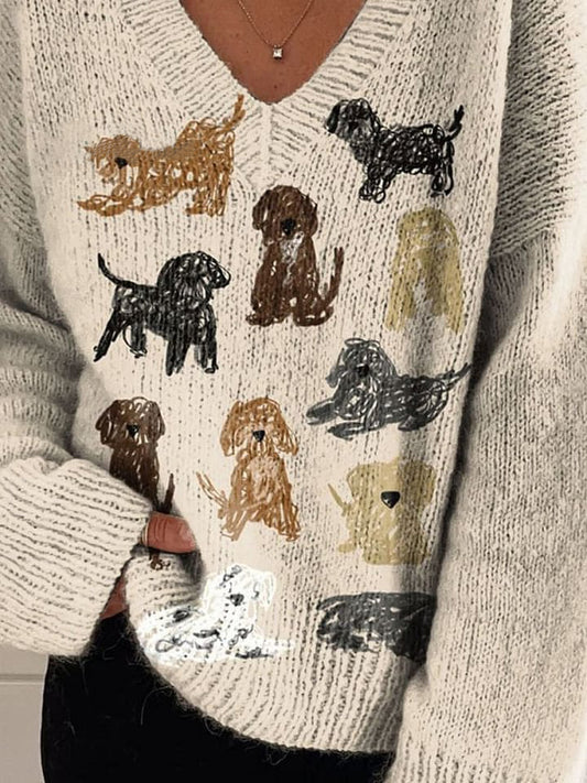 Women's Lovely Dogs Art Print Casual V-neck Pullover Knit