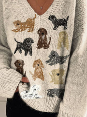 Women's Lovely Dogs Art Print Casual V-neck Pullover Knit