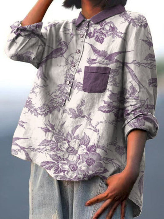 Realistic Style Purple Toned Floral and Bird Decorative Pattern Casual Cotton And Linen Shirt