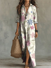 Women's Flower Print Casual Solid-color Linen-cotton Dress