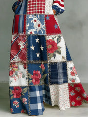 Women's Vintage Floral Patchwork Art Elegant Romantic Casual Vacation Maxi Dress