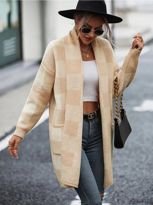 Loose Plaid Color Block Knitted Cardigan Sweater