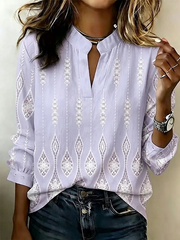 Women Geometric Casual Blouse V Neck Long Sleeve Printing Top