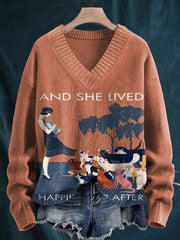 Cat Lady and She Lived Happily Ever After Decorative Pattern Knit V-neck Pullover Sweater