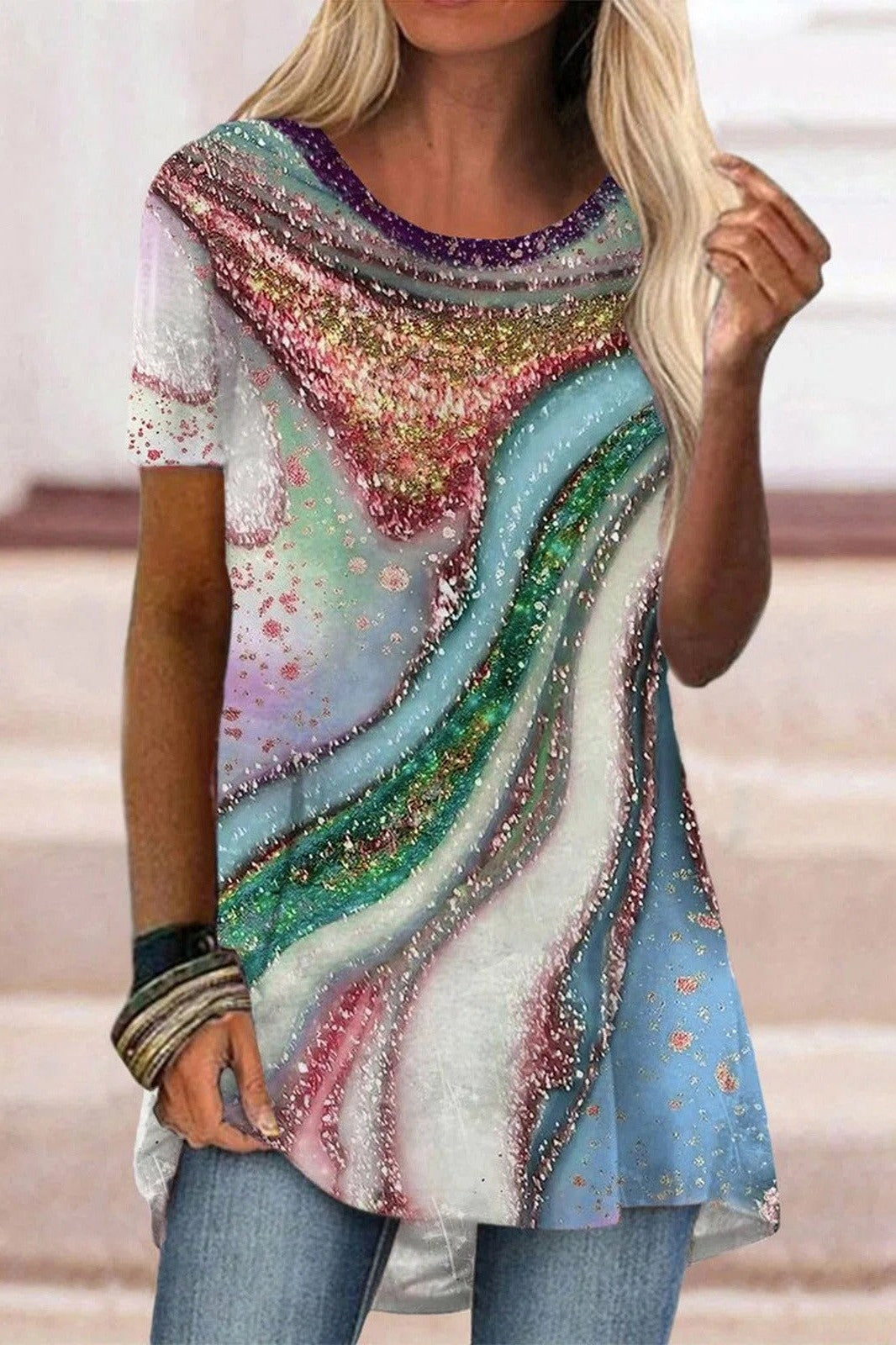 Marbling Print Round Neck Short Sleeves T-shirt
