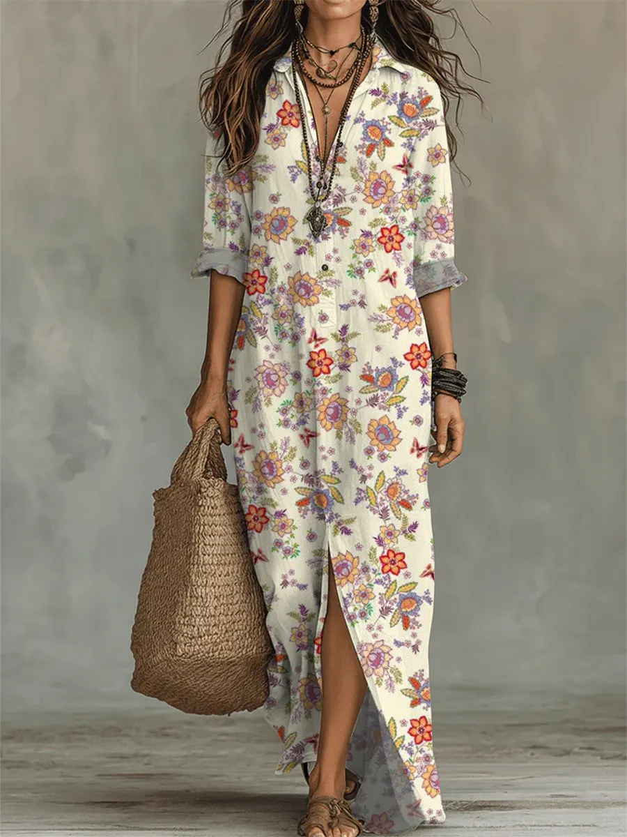 Women's Floral Art Print Casual Long Sleeve Cotton Dress
