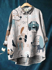 Cartoon Cute Puppy With Glasses Print Cotton And Linen Shirt