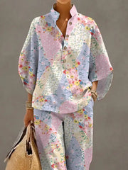 Women's Retro Floral Art Print Casual 3/4 Sleeve Top And Pants Cotton Linen Suits