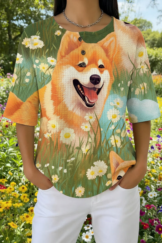 Womens Green Shiba Inu Floral Print Casual Waffle Cotton Shirt