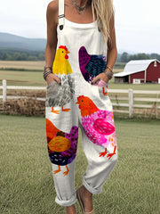 Women's Funny Chicken Art Print Casual Cotton Linen  Wide Leg Jumpsuit