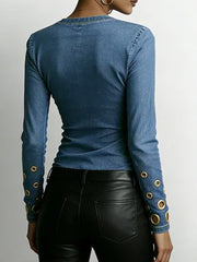 Women's Denim-look V-neck Long-sleeved Casual Loose-fitting Top