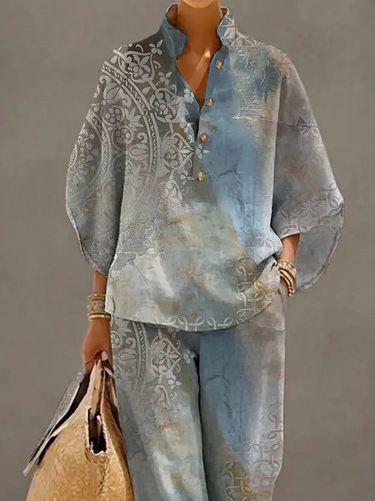 Women's Retro Floral Art Print Casual 3/4 Sleeve Top And Pants Cotton Linen Suits