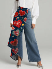 Women's Vintage Love Print High-waisted Relaxed Fit Wide-leg Jeans With A Stylish Design.